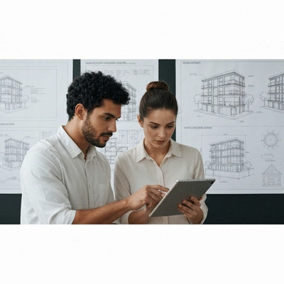 Engineers reviewing smart building plans on a tablet with technical drawings