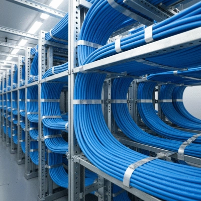 Modern electrical cables being installed on a support system in a data center, focus on secure cable management