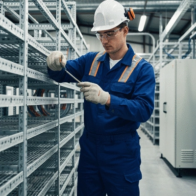 Industrial electrician checking cable trays in a factory, professional setting