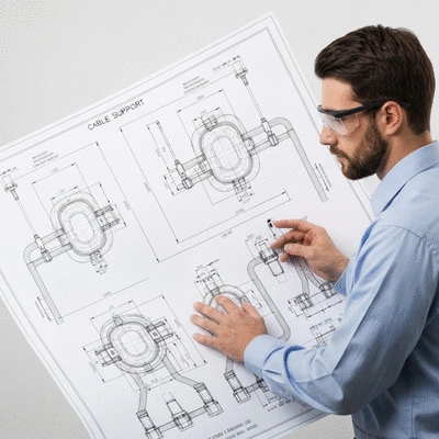 Engineer reviewing blueprints for a nuclear power plant cable support system, close-up on technical drawings, no text, no words, no typography, 8K, studio lighting