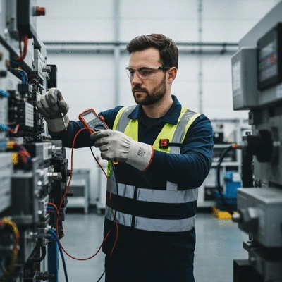 Industrial electrical worker checking continuity with a multimeter