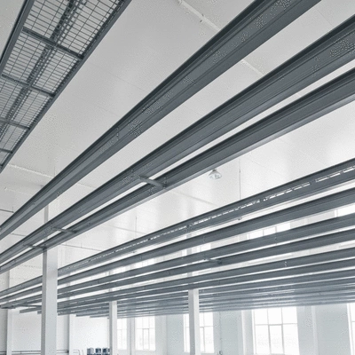 Industrial cable trays in a modern factory setting