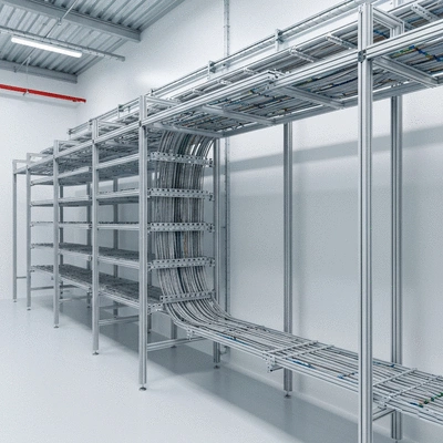 Modern cable tray system in an industrial setting, clean, professional