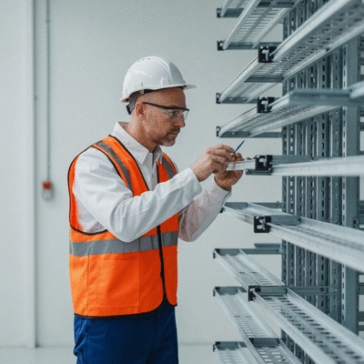 Engineer inspecting cable trays in an industrial setting