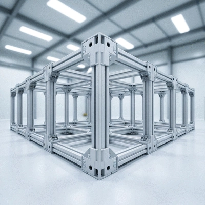 Syst&egrave;me de supportage modulaire avec des composants standardis&eacute;s assembl&eacute;s de mani&egrave;re flexible dans un environnement industriel propre, no text, no words, no typography, clean image