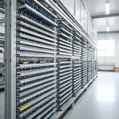 Industrial cable management system with various types of fixing consoles clearly visible, clean, organized, bright environment