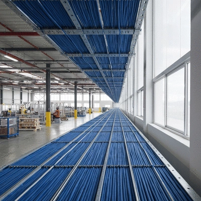 Industrial cable management system in a modern automated warehouse