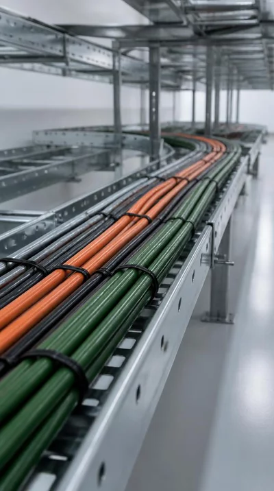 Câbles électriques organisés dans un chemin de câbles, environnement industriel propre