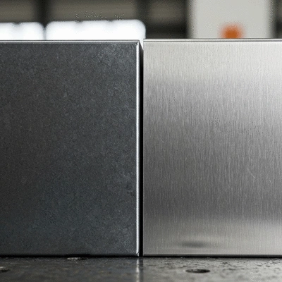 Close-up of galvanized steel and stainless steel samples side by side, highlighting their visual differences, in an industrial setting, no text, no words, no typography, no labels, clean image