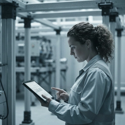 Industrial engineer analyzing data on a tablet, with modular support structures in the background