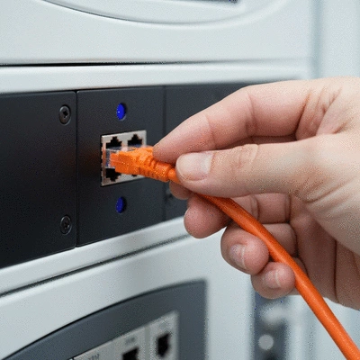 Close-up of a hand connecting a network cable into a hospital IT system, with blurred medical equipment in the background, no text, no words, no typography, clean image