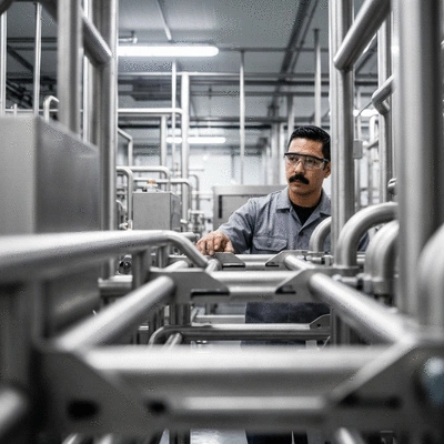 Engineer inspecting modular support systems in a clean industrial food processing plant