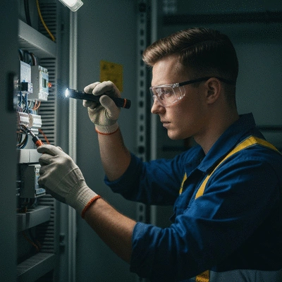 Photo d'un électricien effectuant une vérification de maintenance sur un panneau électrique