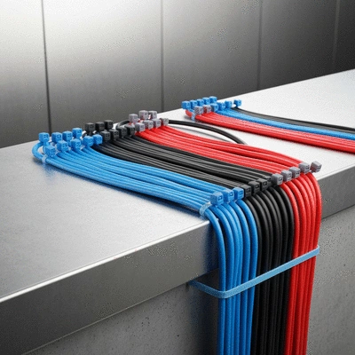 Industrial cable ties made of nylon, neatly securing cables in a clean industrial environment, no text, no words, no typography, clean image