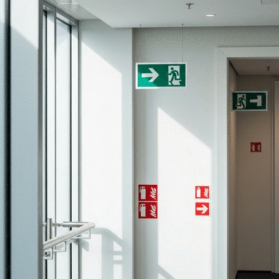 Modern office building with fire safety signs and clear evacuation routes