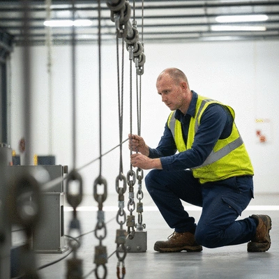Engineer inspecting cable suspension system in industrial setting