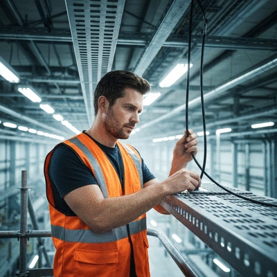 Worker inspecting cable trays on a high industrial ceiling, focus on organization and maintenance, no text, no words, no typography