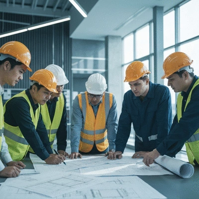 Engineers discussing future industrial regulations, professional setting, clean image, no text, no words