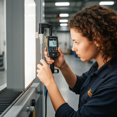 Gros plan sur un technicien vérifiant une fixation de luminaire avec un équipement de mesure