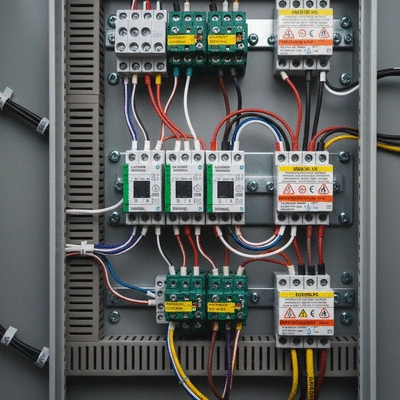 Close-up of an electrical panel with various cables and safety labels