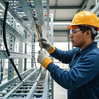 Électricien installant des câbles dans un supportage métallique