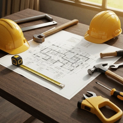 Blueprint of a construction project with tools and safety gear