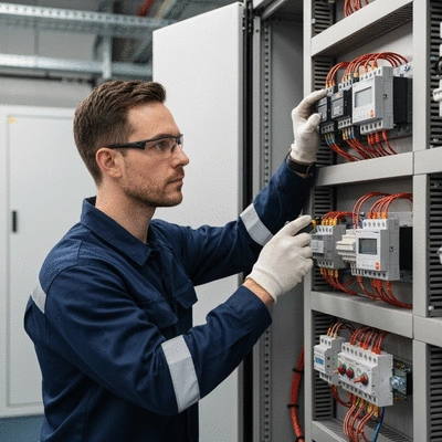 &Eacute;lectricien professionnel inspectant un tableau &eacute;lectrique industriel, mettant en &eacute;vidence la conformit&eacute; &agrave; la norme NF C 15-100, no text, no words, no typography, 8K, clean image