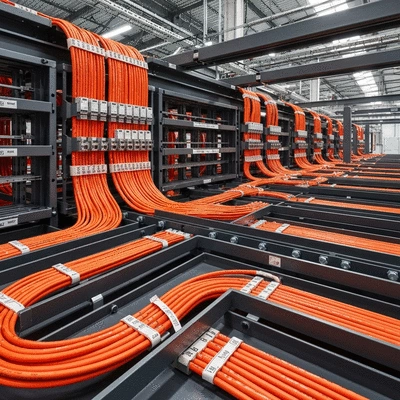 Industrial electrical cables neatly organized in cable trays, illustrating fire prevention standards in a modern factory setting with proper labels, no text, no words, no typography, 8K