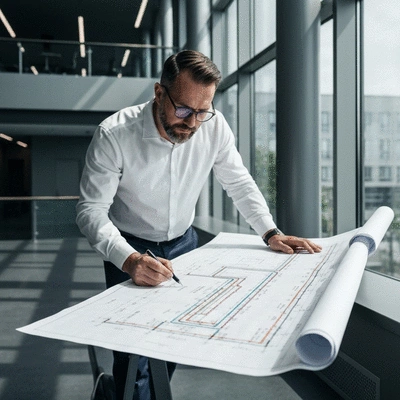 Engineer planning cable tray routes on a blueprint