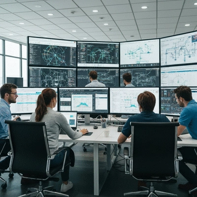 Smart grid control room with multiple screens displaying energy data
