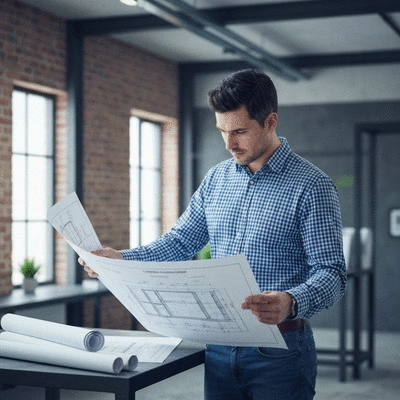 Engineer planning cable tray installation on a blueprint