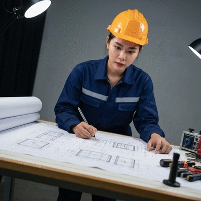 Engineer reviewing blueprints for a new supportage system installation, no text, no words, no typography