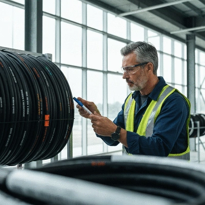 Engineer inspecting fire-resistant electrical cables in a modern industrial setting