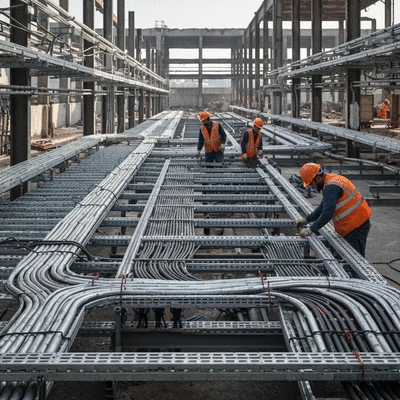 Industrial cabling in a harsh environment, with workers in safety gear