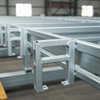 Close-up of galvanized steel cable tray components in an industrial setting, showing corrosion resistance and durability, no text, no words, no typography, 8K