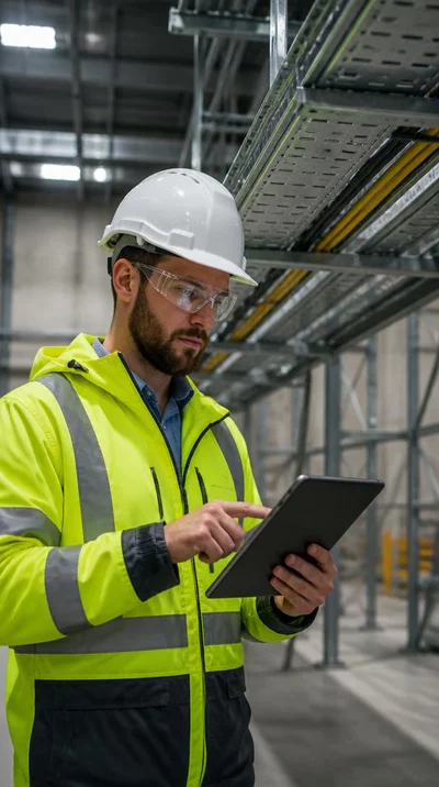 Ingénieur examinant des plans de chemin de câbles sur une tablette