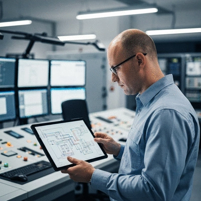 Industrial engineer reviewing electrical schematics on a tablet