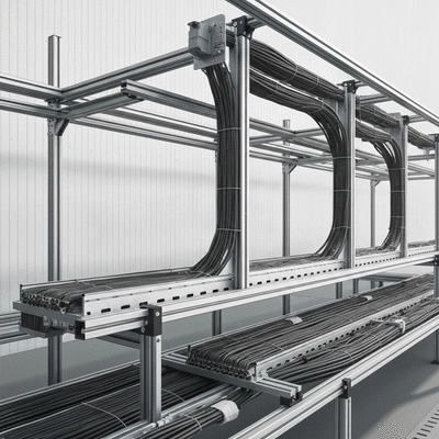Industrial cable management system with various cable trays and supports
