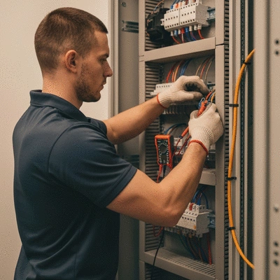 Électricien professionnel ajustant des câbles dans un tableau électrique. Il porte des gants de sécurité et utilise des outils spécialisés. Ambiance de travail propre et organisée. Mise au point sur les mains et les câbles.