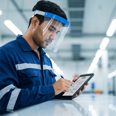 Engineer reviewing ATEX safety checklist on a tablet in an industrial setting
