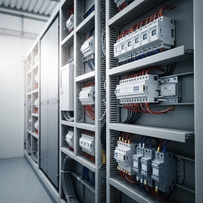 Modern electrical panel with cables and wiring, clean industrial environment