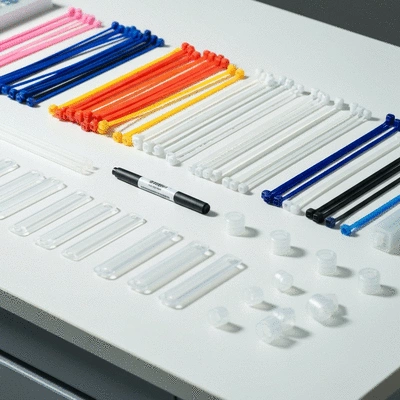 Various cable management accessories like ties and labels