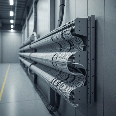 Industrial cable trays with various cables, properly fixed to the wall