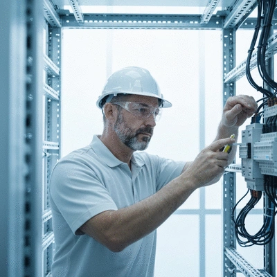 Engineer inspecting electrical wiring in a modern data center