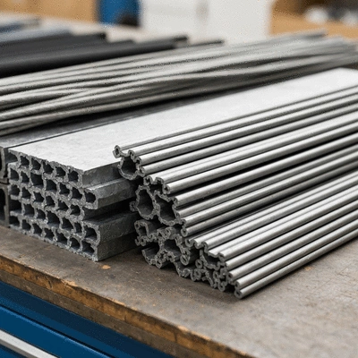 Various eco-responsible materials for cable support, including recycled steel and PRV, on a workbench, clean image