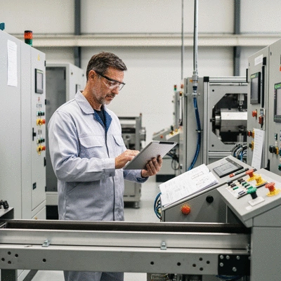 Industrial engineer consulting technical documents and a tablet, surrounded by industrial equipment, focused and professional, no text, no words, no typography, clean image