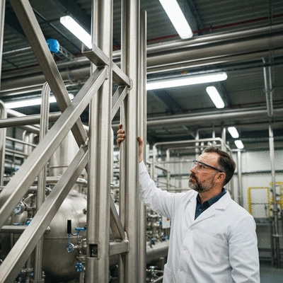 Industrial professional inspecting a support structure made of stainless steel in a chemical plant, illustrating durability and corrosion resistance, no text, no words, no typography, no labels, clean image