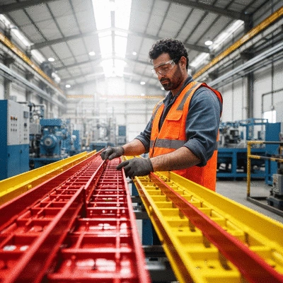 Industrial worker inspecting ATEX compliant cable trays in a hazardous environment.