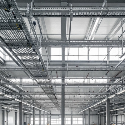 Modern industrial facility interior with cable trays and various conduits, clean lines, no text, no words, no typography, 8K, natural lighting