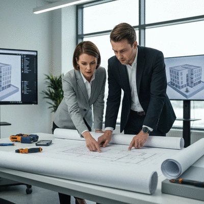 Experts planning electrical modernization in a commercial setting